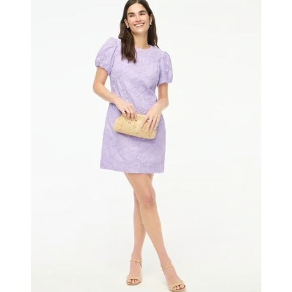 J. Crew Dresses & Skirts - J.Crew Eyelet Puff-Sleeve Mini Dress WMNS 10 Purple Flower Embroidery Crew Neck